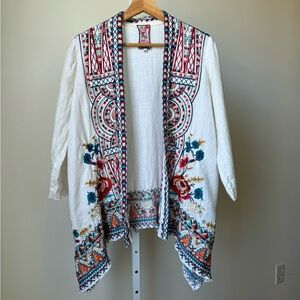 Johnny Was Boho Floral Embroidered Linen Kimono, White, XS